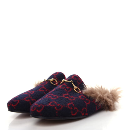 Gucci Covered Wool Big GG Monogram Fur Womens Princetown Slippers 39 Blue Red Butterscotch 3 of 11