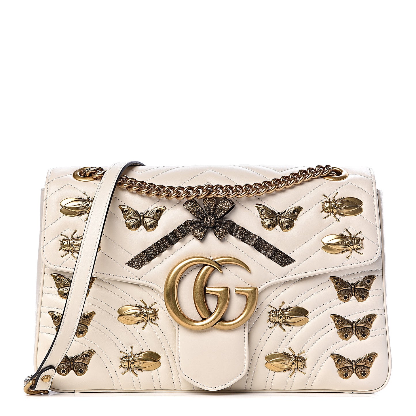 Calfskin Matelasse Animal Studs Medium GG Marmont Shoulder Bag Mystic White