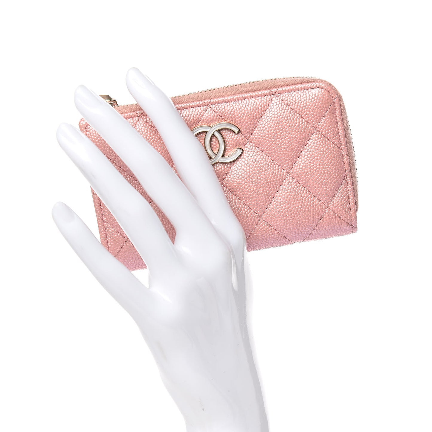 Iridescent Caviar Quilted Zipped Key Holder Case Rose Pink