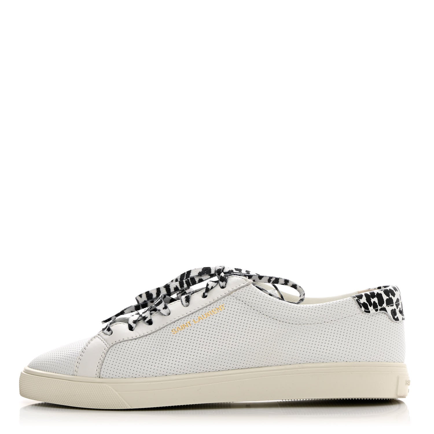 Saint Laurent Perforated Calfskin Cheetah Print Andy Low Top Sneakers 38.5 White Black 1 of 14