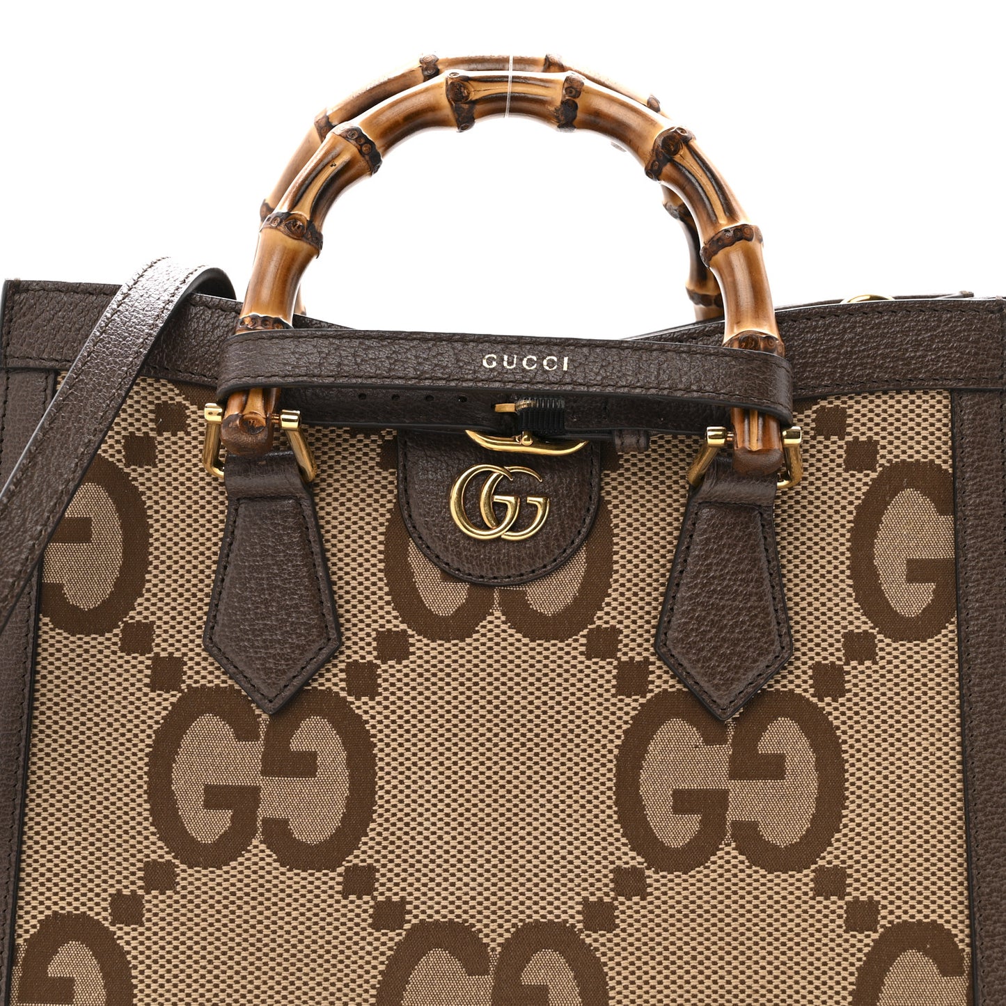 Monogram Jumbo GG Textured Dollar Calfskin Small Diana Tote Bag Camel Ebony New Acero