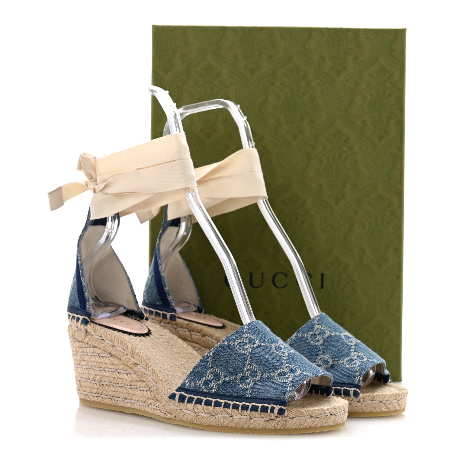 Gucci New Denim GG Monogram Pilar Ankle Wrap Espadrille Wedge Sandals 37 Light Blue 11 of 11