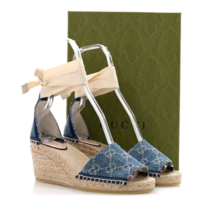 Gucci New Denim GG Monogram Pilar Ankle Wrap Espadrille Wedge Sandals 37 Light Blue 11 of 11