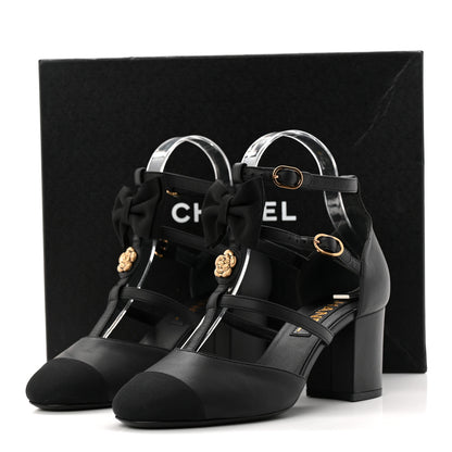 Chanel Lambskin Grosgrain Cap Toe Camellia Mary Jane Pumps 37 Black 10 of 10