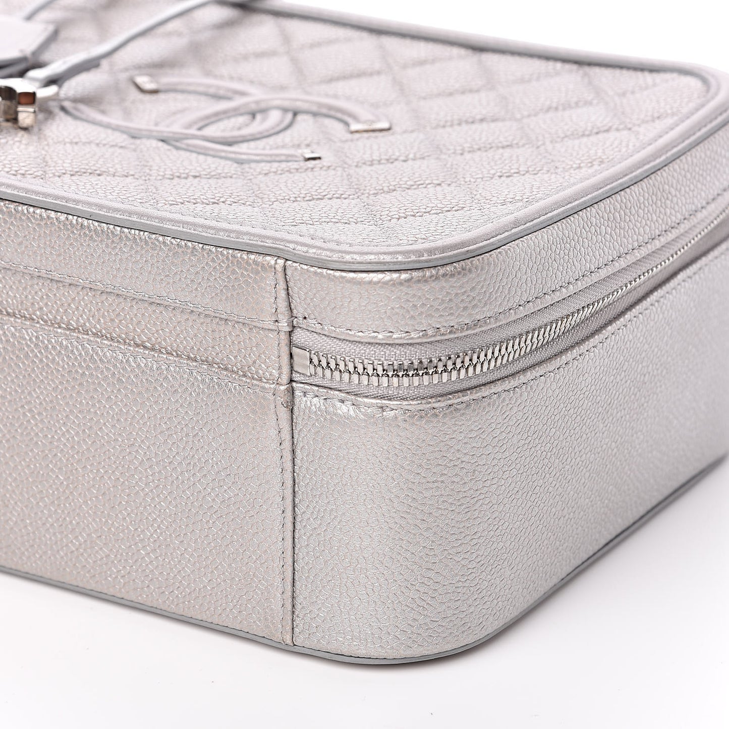 Metallic Caviar Quilted Large CC Filigree Vanity Case Silver