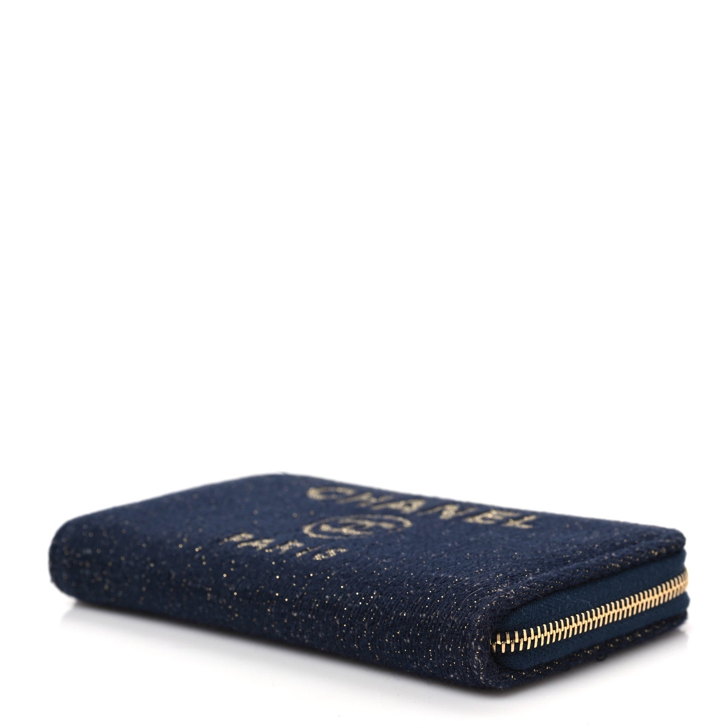 Chanel Lurex Canvas Medium Deauville Zip Around Wallet Navy Blue Gold 9 of 9