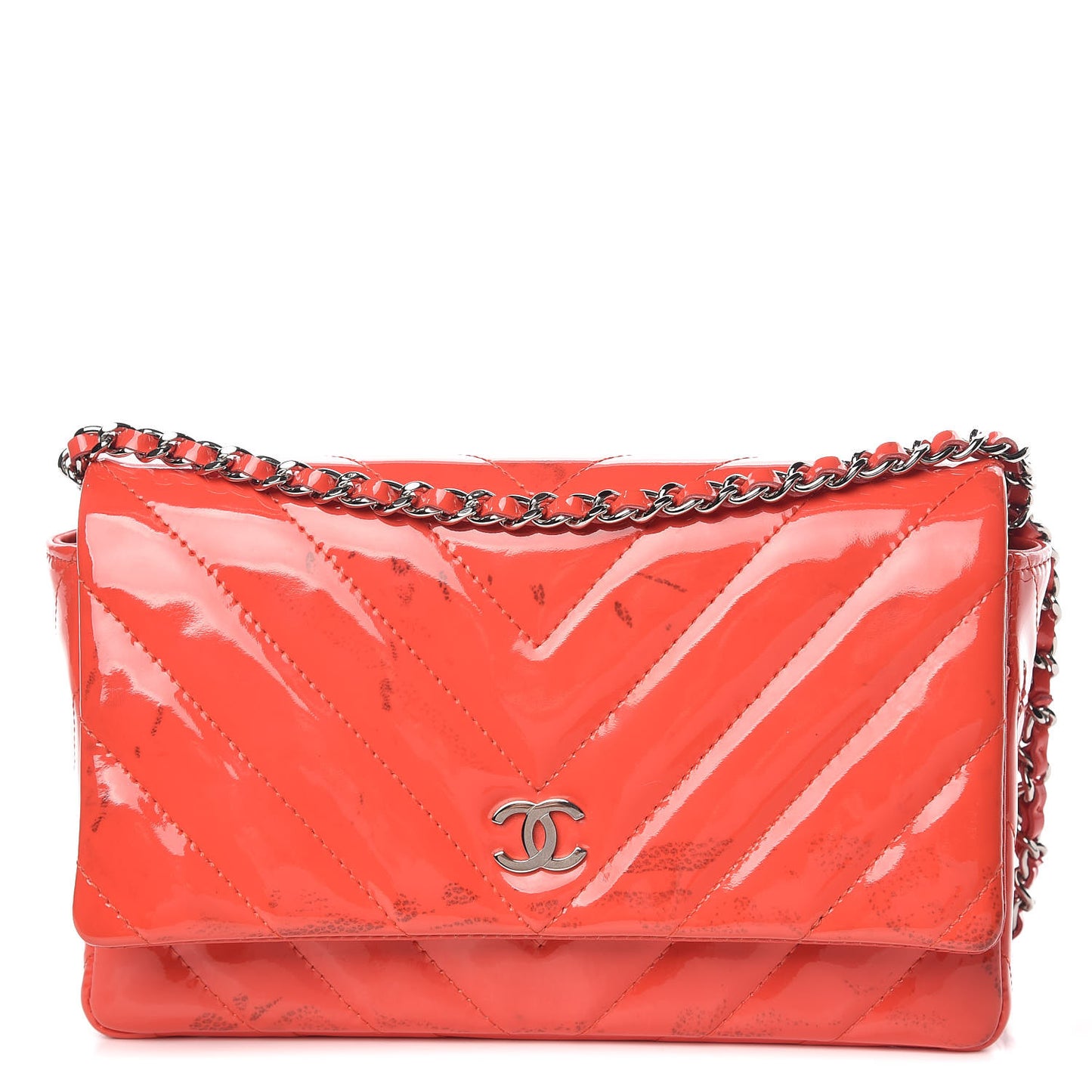 Patent Calfskin Chevron Quilted Wallet On Chain WOC Red