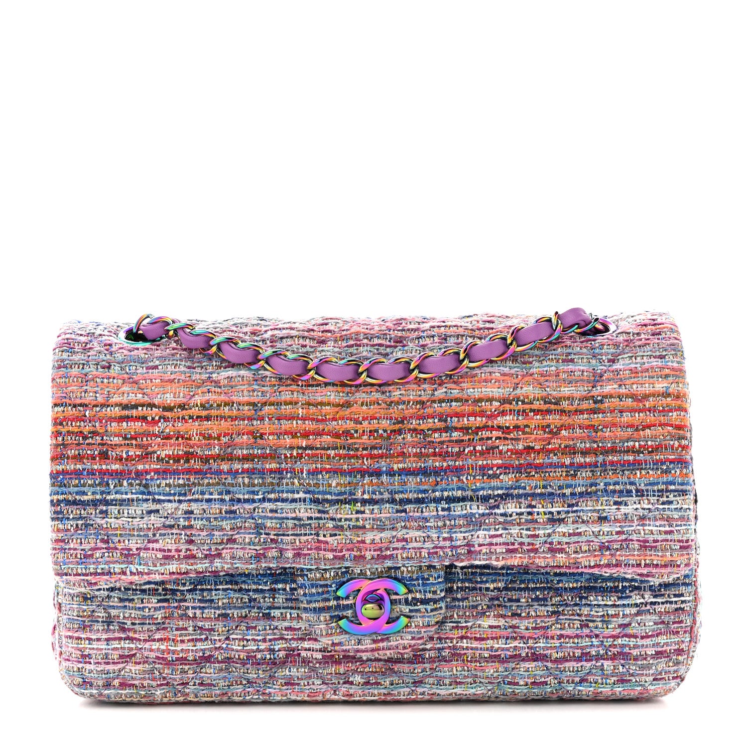 Chanel Tweed Quilted Medium Double Flap Blue Pink Orange 1 of 11