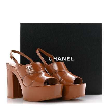 Chanel Crumpled Patent Lambskin Platform Sandals 41 Light Brown 12 of 12