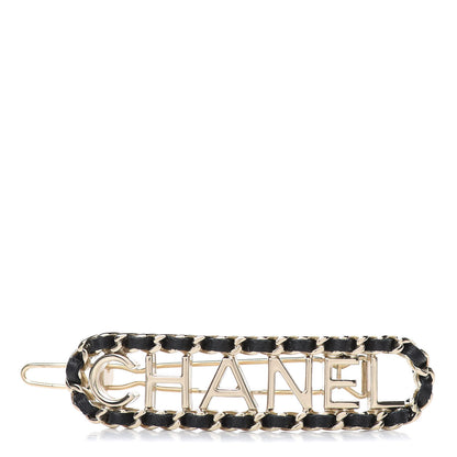 Chanel Metal Lambskin Vintage Allure Logo Hair Clip Black Gold 1 of 4