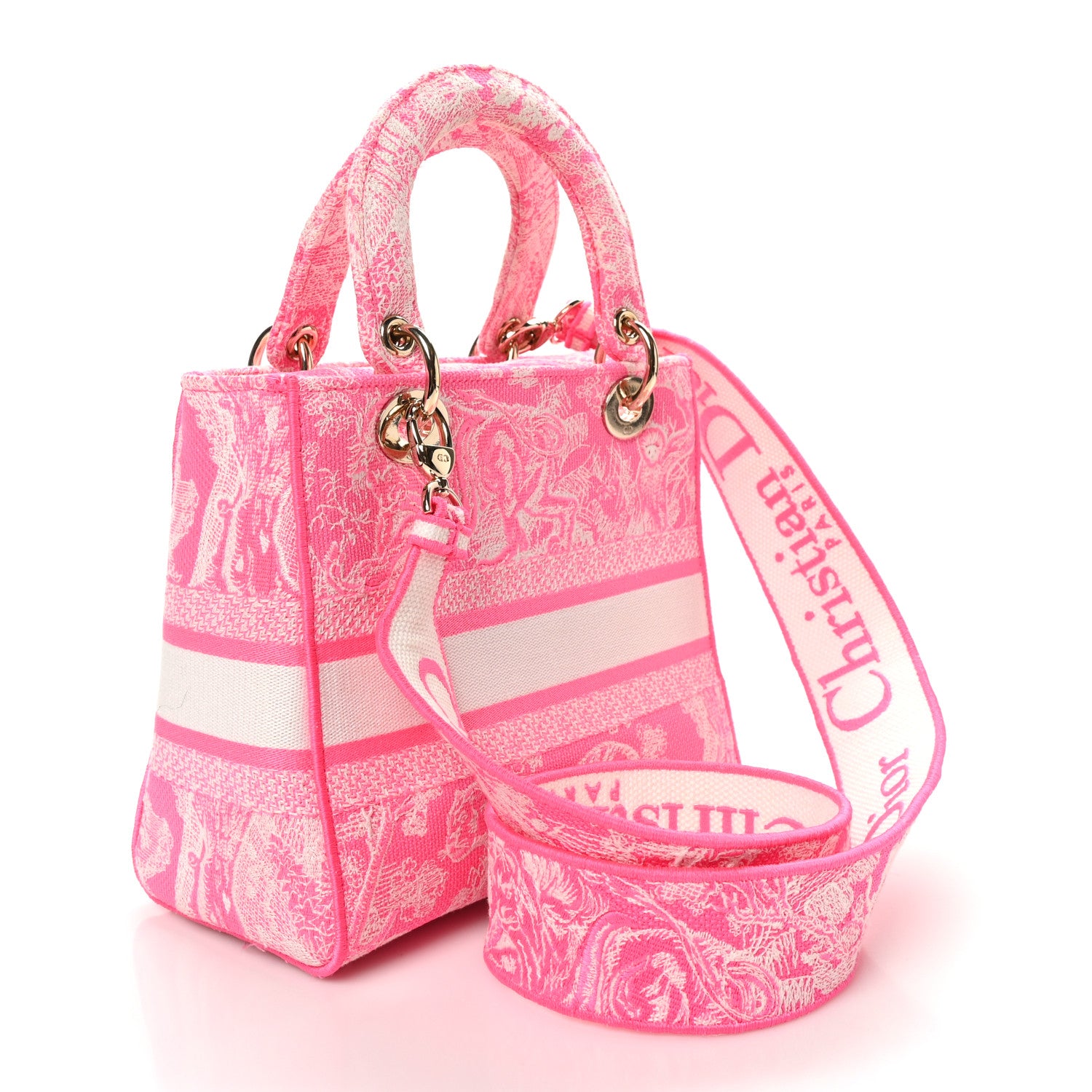 Christian Dior Canvas Toile De Jouy Reverse Embroidered Medium Lady D-Lite Fluorescent Pink 3 of 9