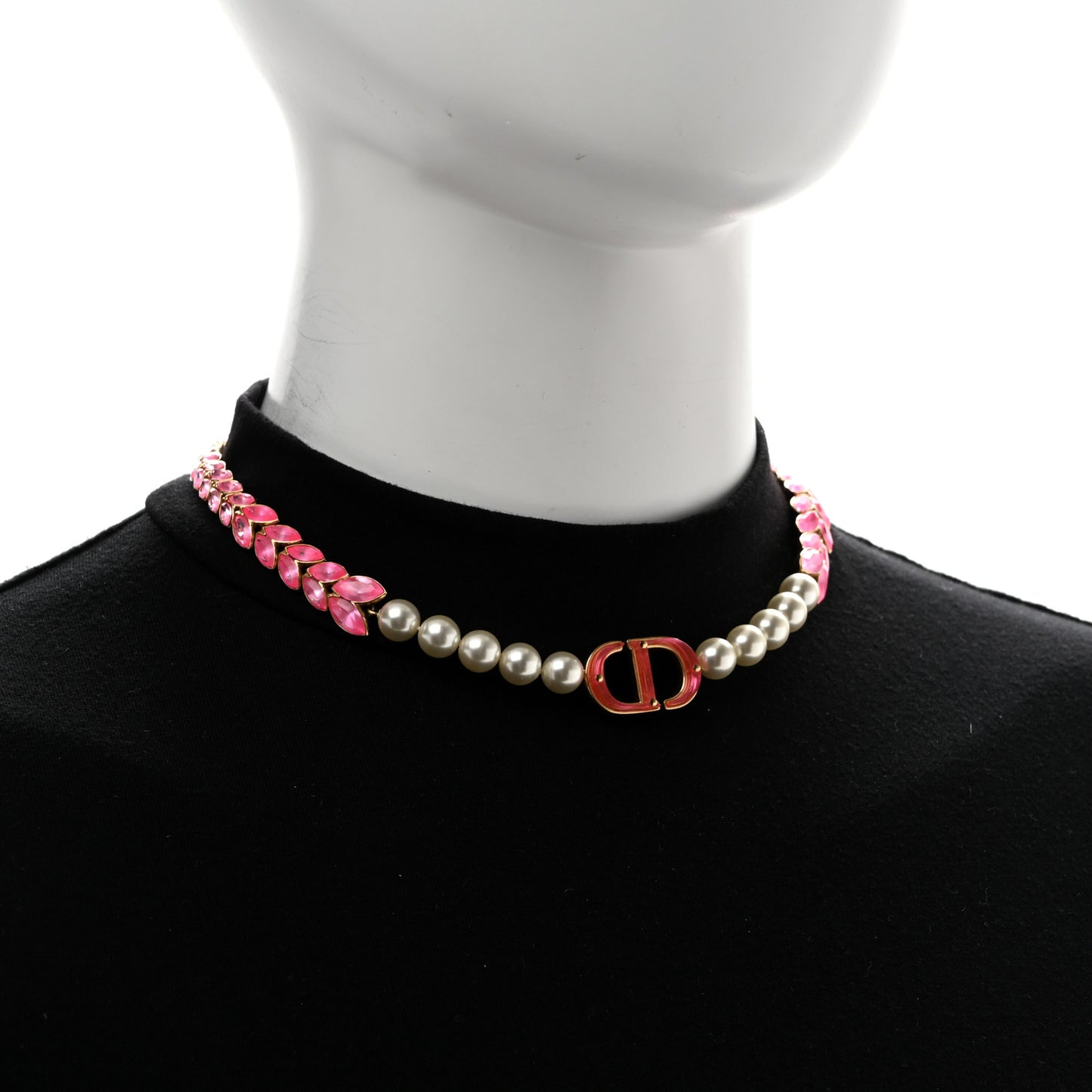 Metal Pearl CD Chain Choker Necklace Gold Pink