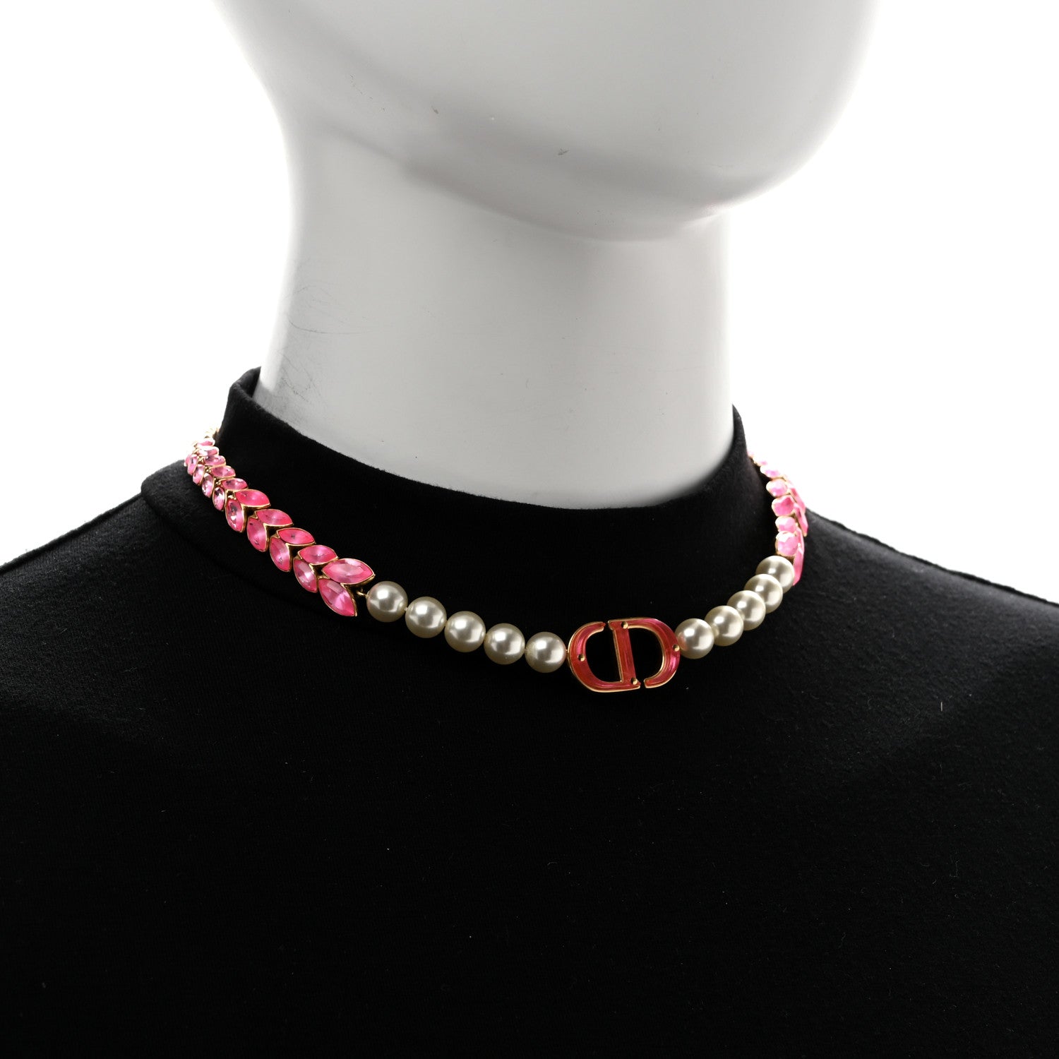 Christian Dior Metal Pearl CD Chain Choker Necklace Gold Pink 2 of 6