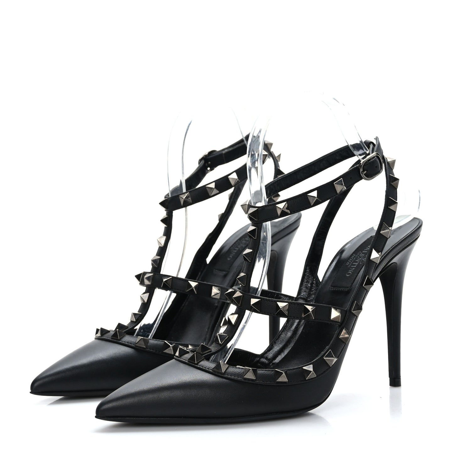 Calfskin Nappa Rockstud Ankle Strap 100mm Pumps 39.5 Black