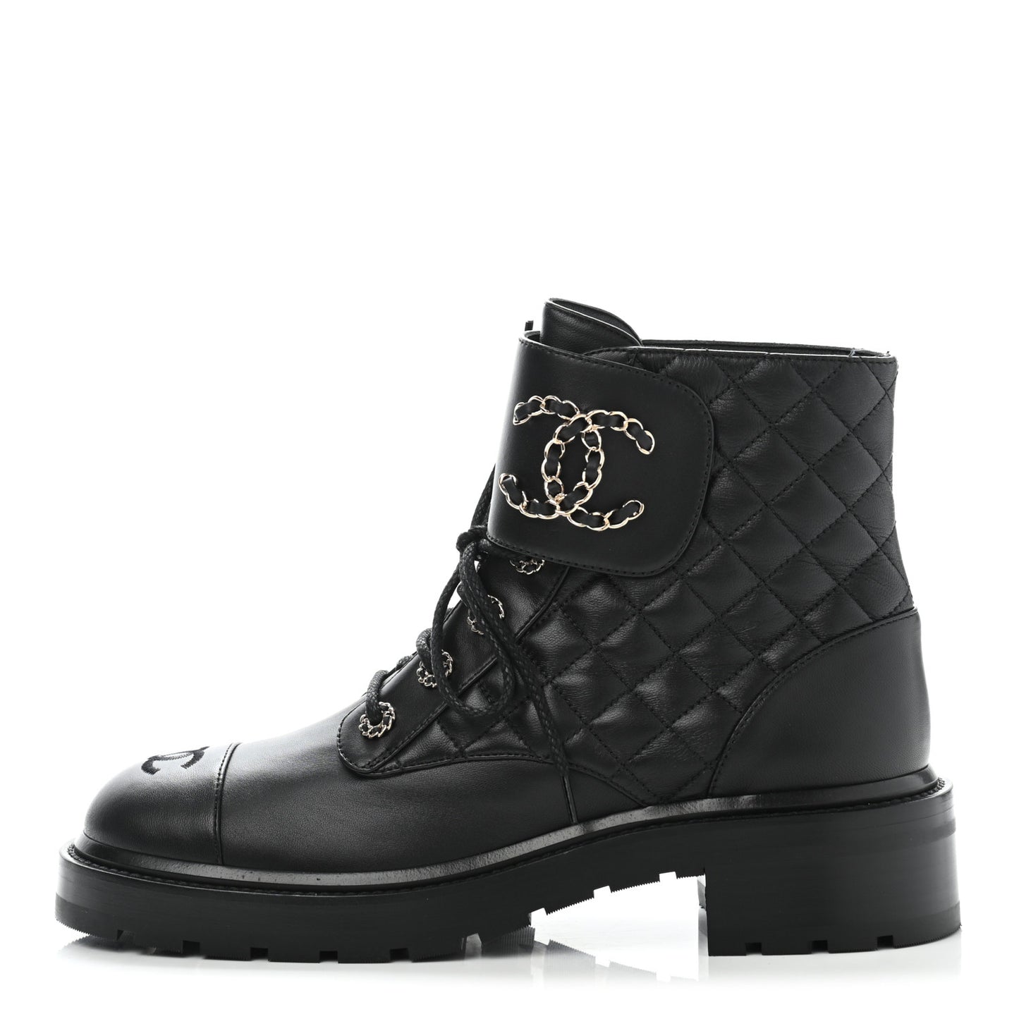 Shiny Lambskin Quilted Lace Up Combat Boots 40.5 Black