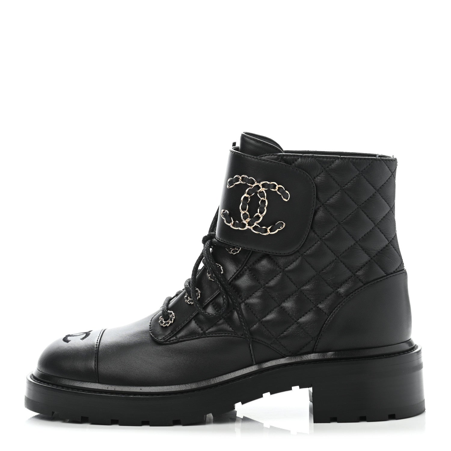 Chanel Shiny Lambskin Quilted Lace Up Combat Boots 40.5 Black 1 of 14