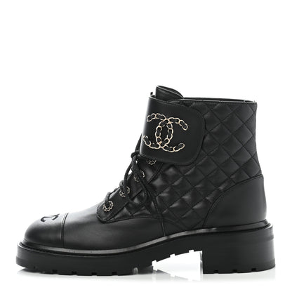 Chanel Shiny Lambskin Quilted Lace Up Combat Boots 40.5 Black 1 of 14
