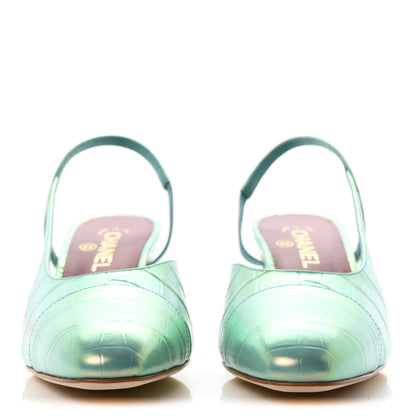 Chanel Iridecent Calfskin Crocodile Embossed CC Cap Toe CC Slingback Pumps 41 Green 3 of 10