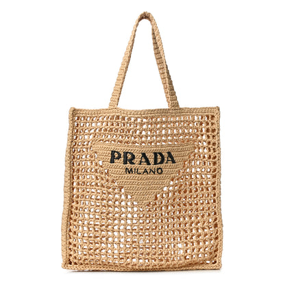 Prada Yarn Raffia Effect Crochet Logo Embroidered Tote Bag Naturale 1 of 9