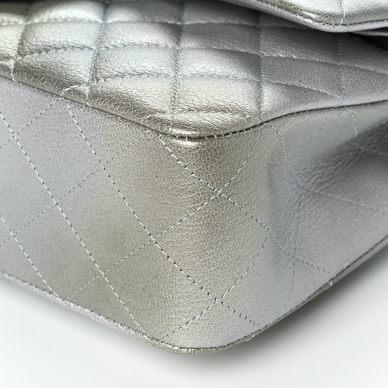 Chanel Metallic Goatskin Quilted Medium Double Flap Grey Green 10 of 10