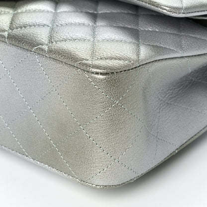 Chanel Metallic Goatskin Quilted Medium Double Flap Grey Green 10 of 10