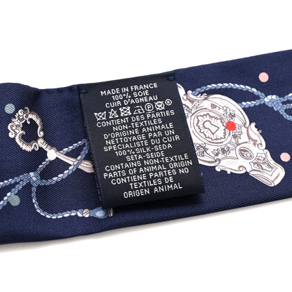 Hermes Silk Metallic Agneau Les Cles A Pois Fringed Twilly Bleu Marine Gris Argent Multicolor 4 of 4