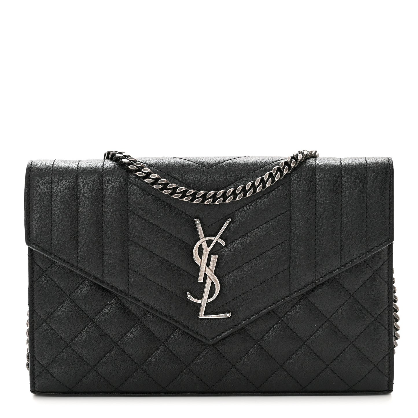 Sheepskin Tri-Quilt Monogram Envelope Chain Wallet Black
