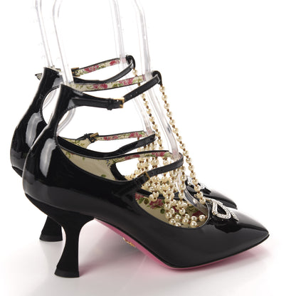 Gucci Patent Pearl Taide T-Strap Mid Heel Pumps 38 Black 4 of 10