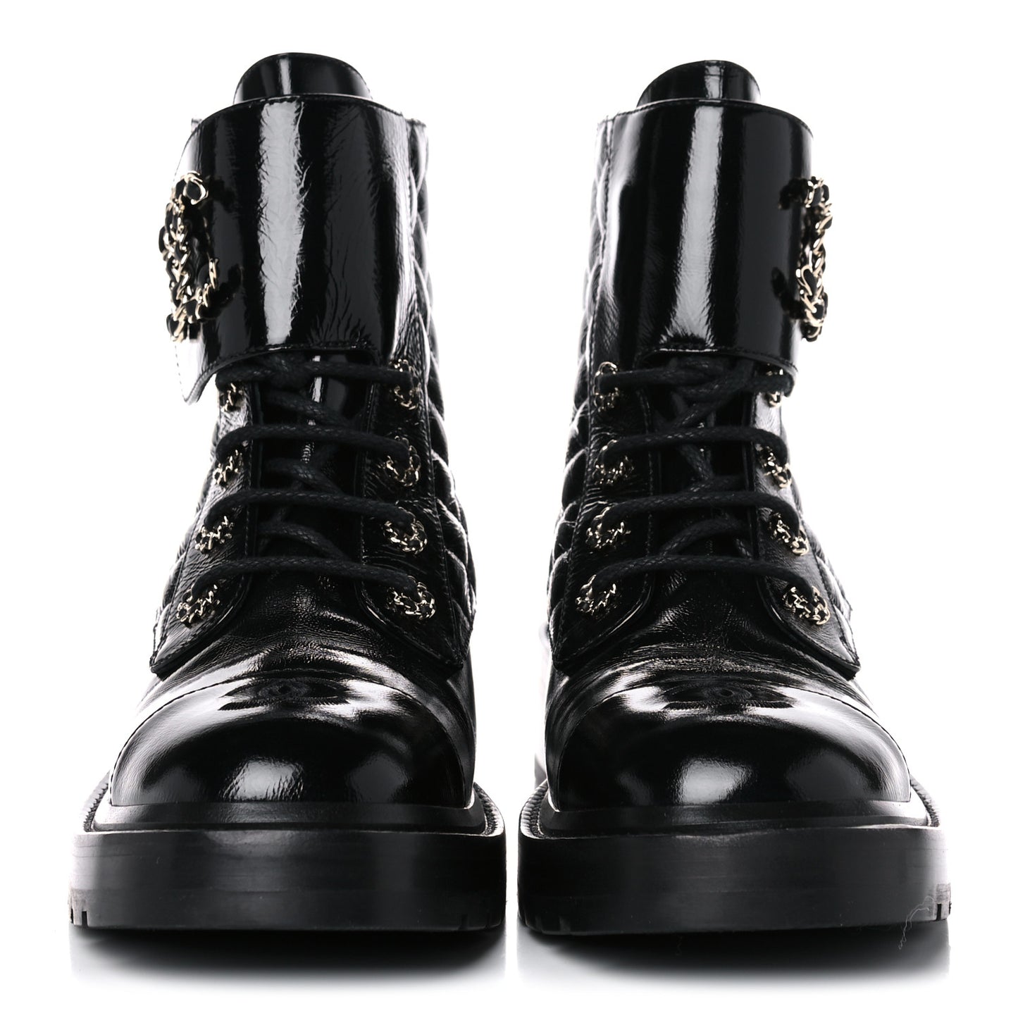 Shiny Calfskin Quilted Lace Up Combat Boots 40 Black