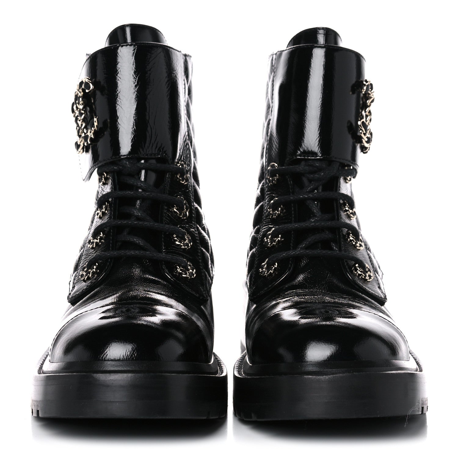 Chanel Shiny Calfskin Quilted Lace Up Combat Boots 40 Black 2 of 10