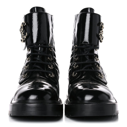 Chanel Shiny Calfskin Quilted Lace Up Combat Boots 40 Black 2 of 10