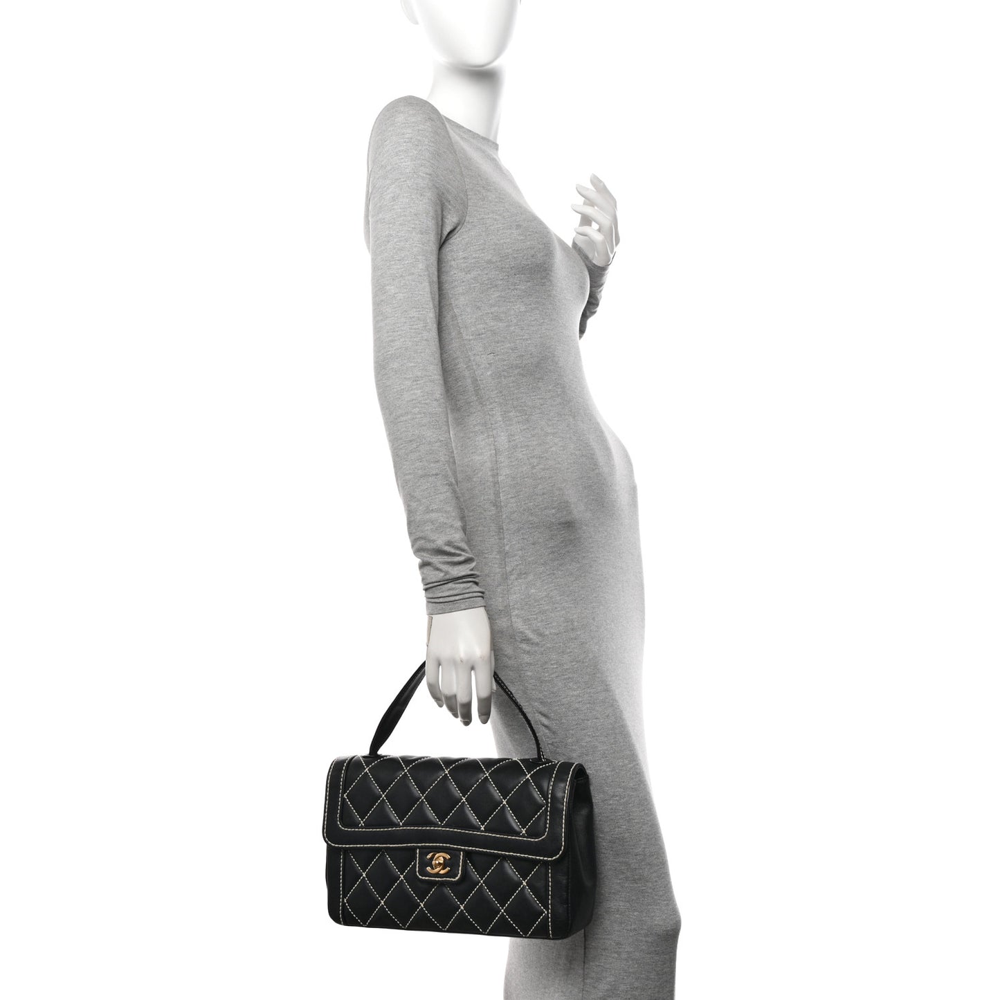 Calfskin Quilted Wild Stitch Large Top Handle Flap Black