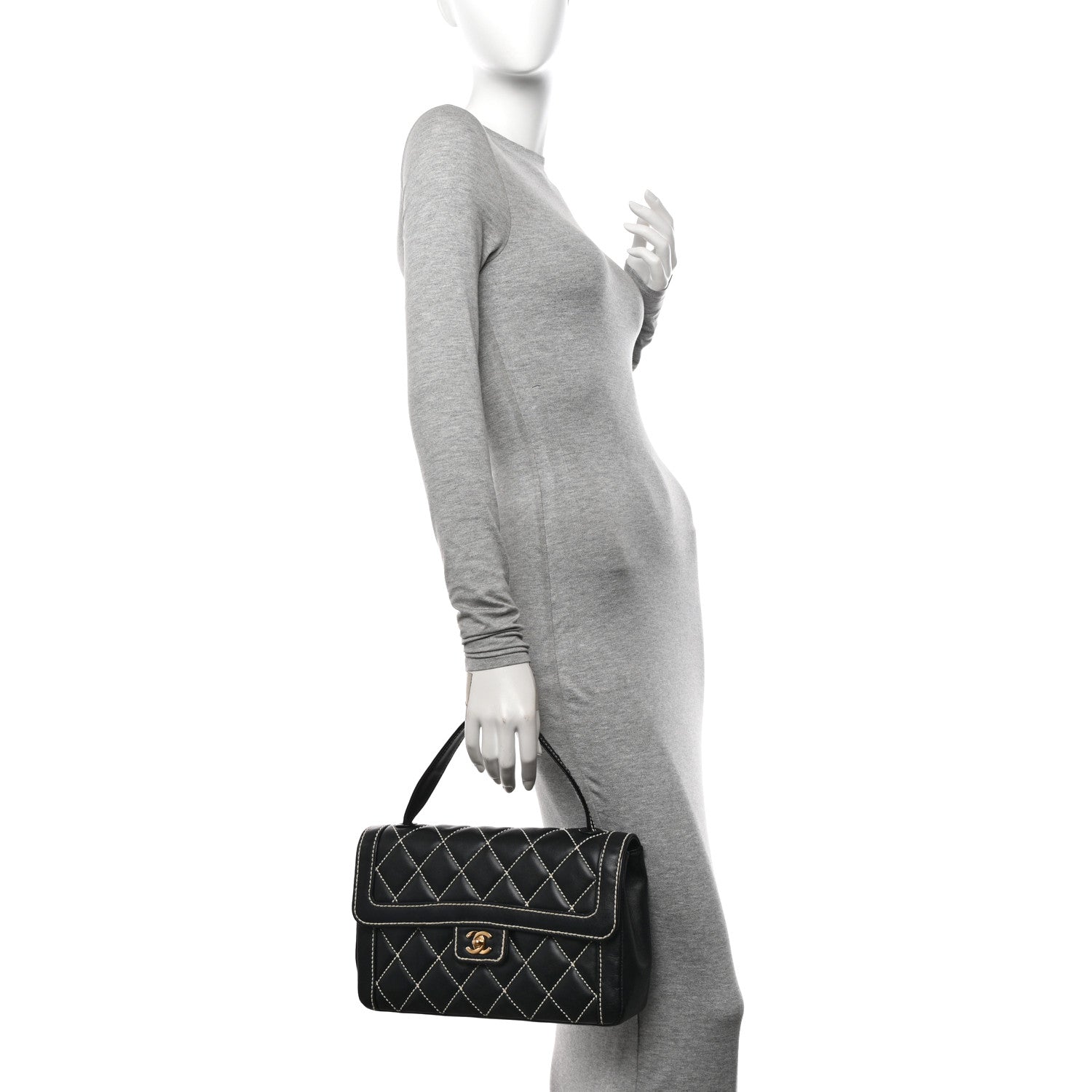 Chanel Calfskin Quilted Wild Stitch Large Top Handle Flap Black 2 of 16