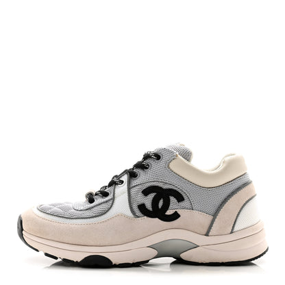 Chanel Nylon Calfskin Suede Womens CC Sneakers 36 Grey White 1 of 10