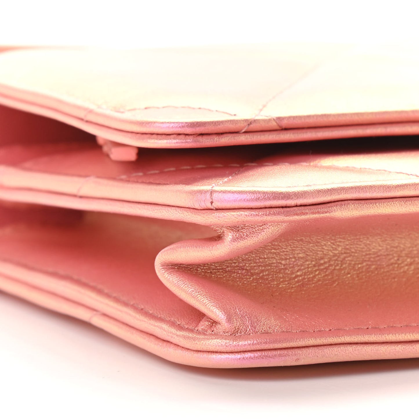 Iridescent Calfskin Quilted Chanel 19 Wallet On Chain WOC Pink