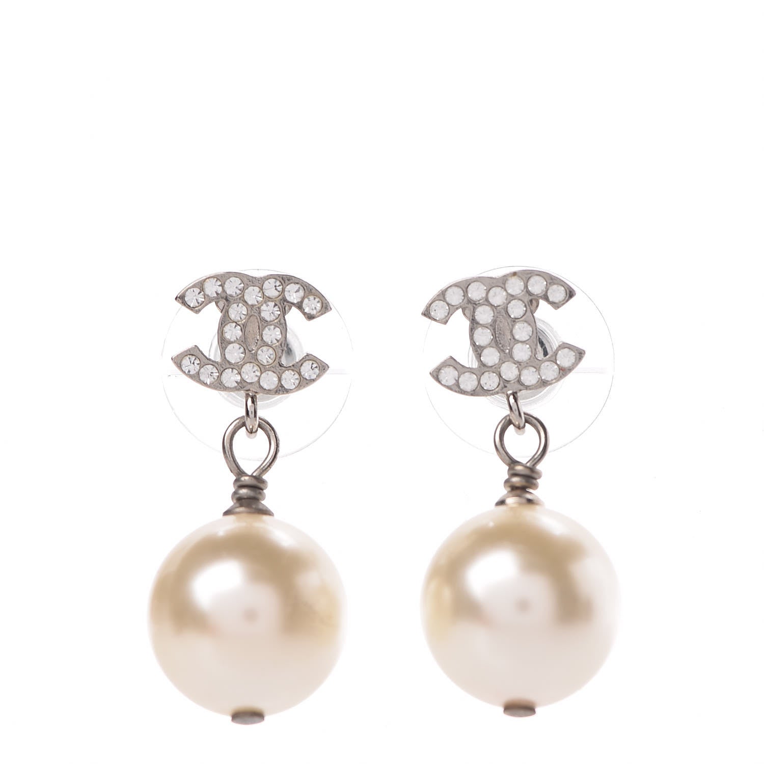 Chanel Crystal Pearl CC Drop Earrings Silver Pearly White 1 of 5