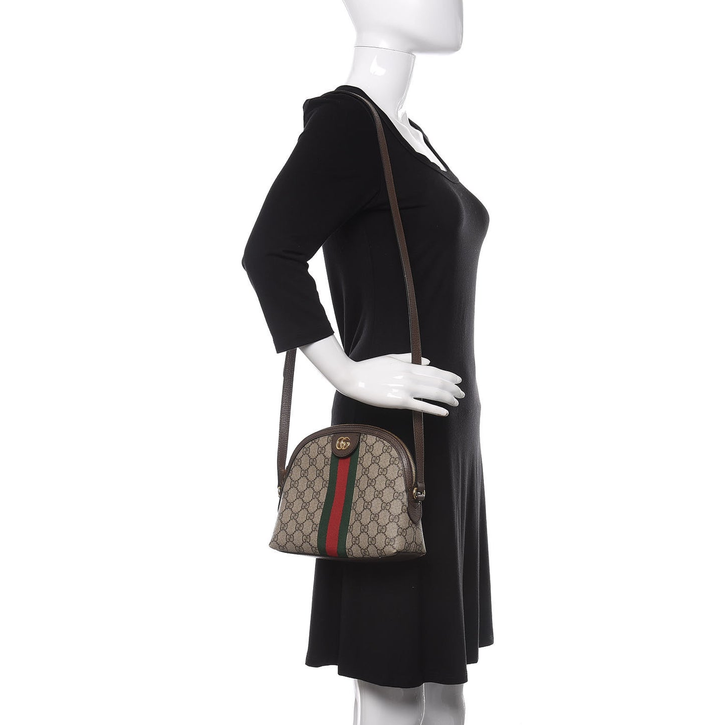GG Supreme Monogram Textured Dollar Calfskin Web Small Ophidia Dome Shoulder Bag Beige Ebony New Acero