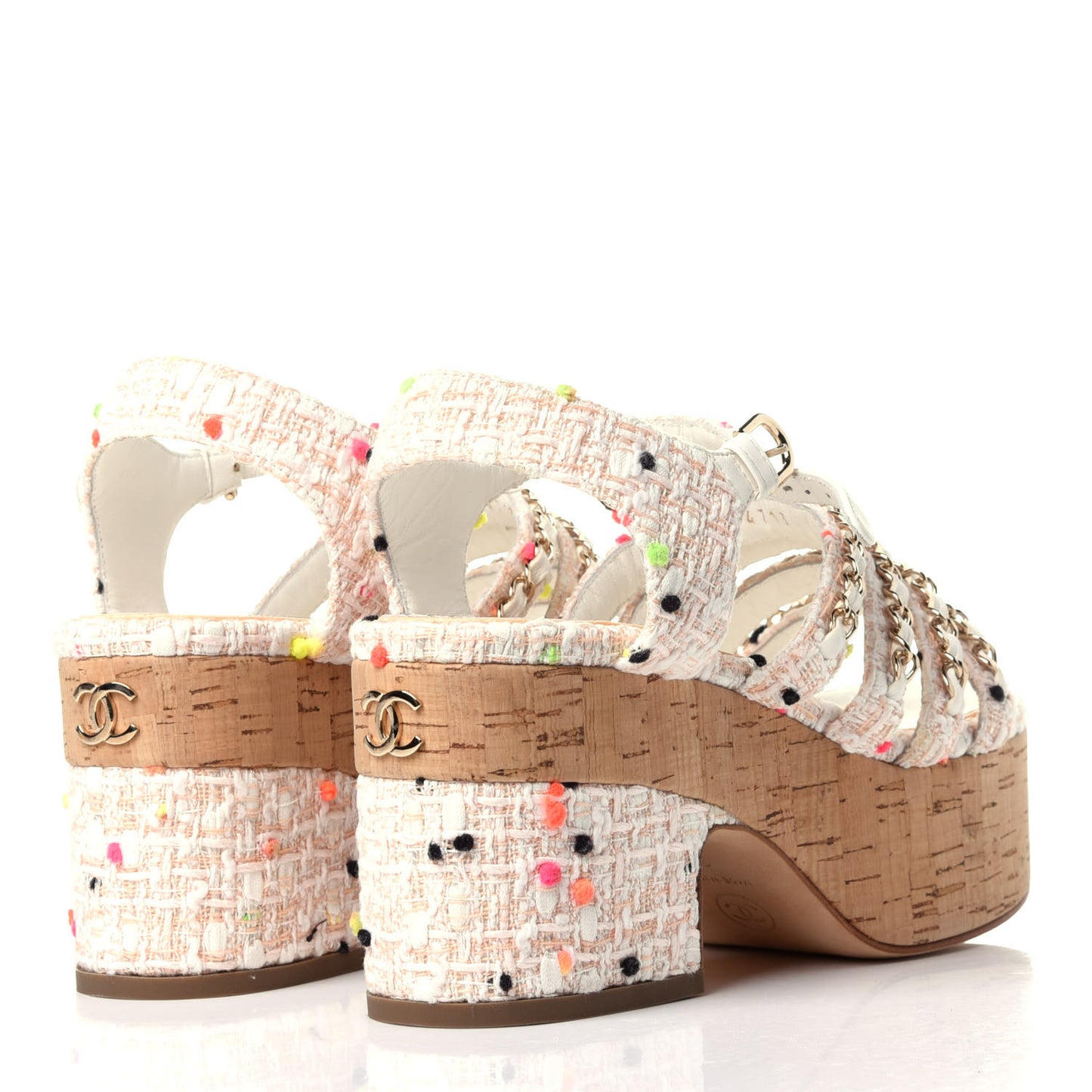 Tweed Chain Platform Sandals 35 Coral White