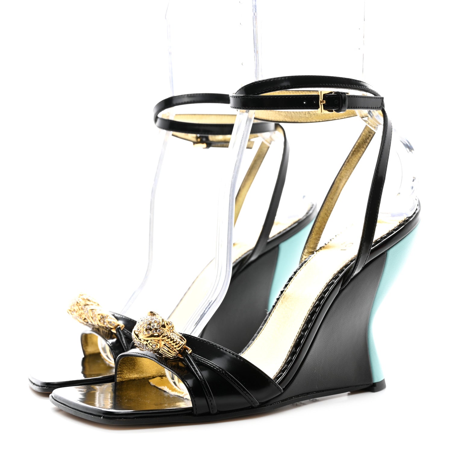 Gucci Regent Calfskin Crystal Snake Head Sandals 37 Black 3 of 9