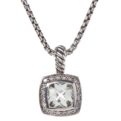 David Yurman Sterling Silver Diamond Prasiolite 7mm Petite Albion Pendant Necklace 4 of 6
