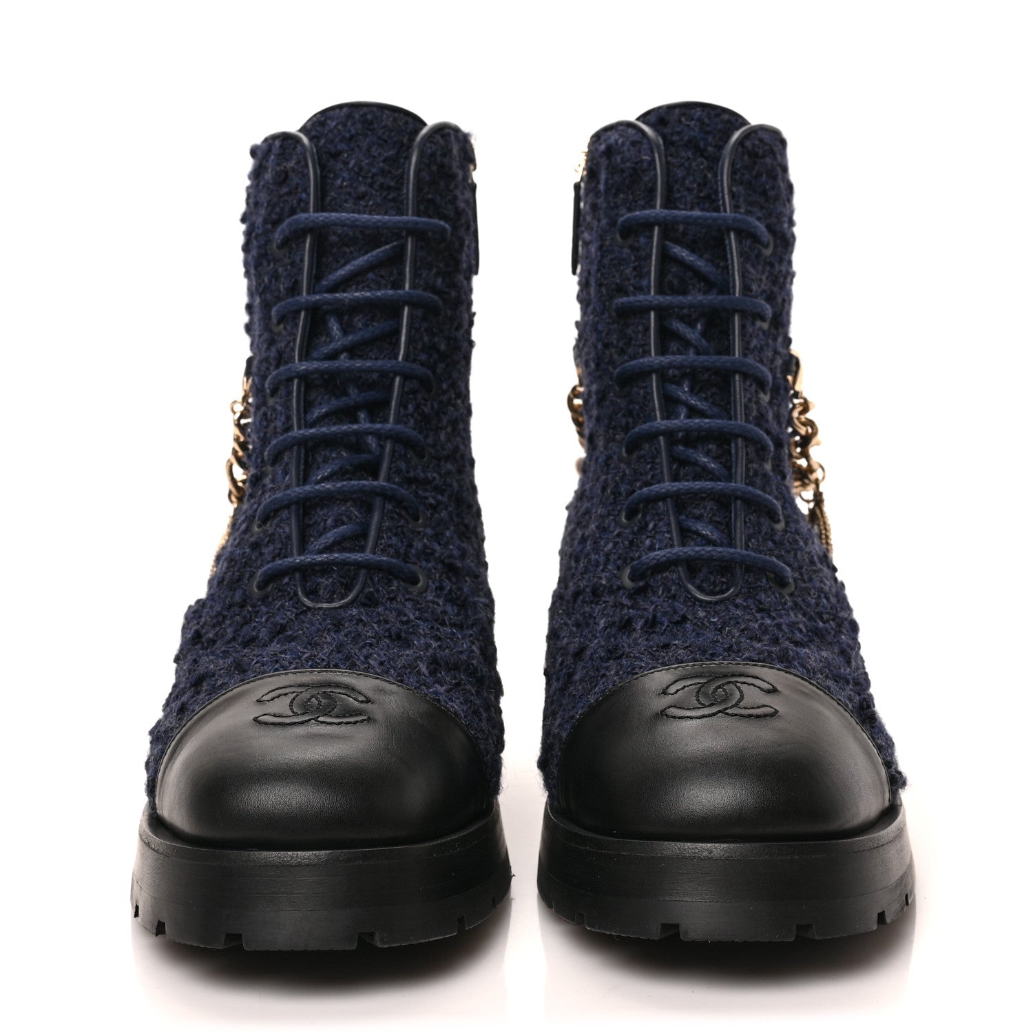 Chanel Tweed Calfskin Chain Lace Up Combat Boots 39 Navy Black 2 of 7