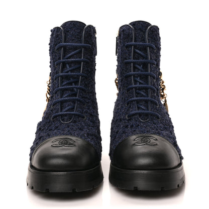 Chanel Tweed Calfskin Chain Lace Up Combat Boots 39 Navy Black 2 of 7