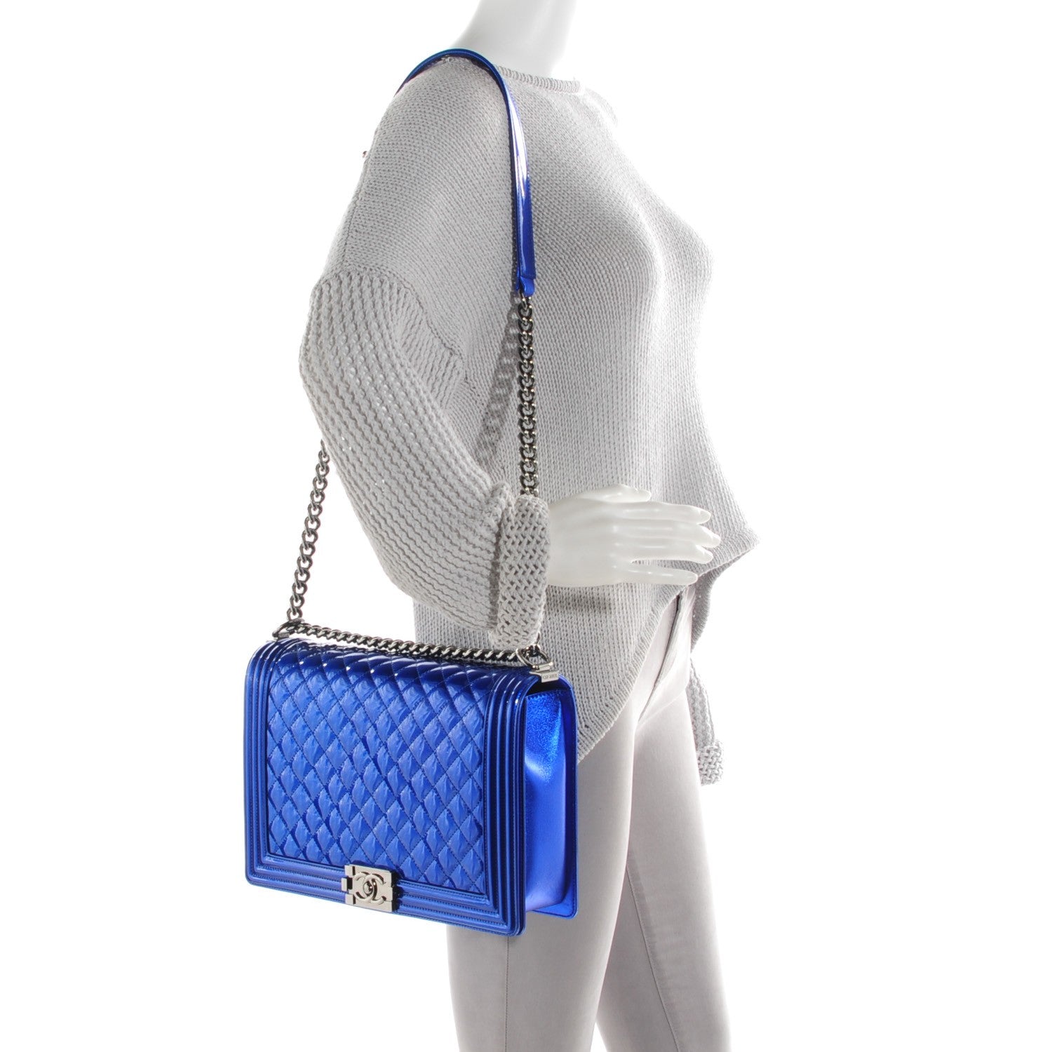 Chanel Metallic Patent Quilted Large Boy Flap Blue 2 of 9