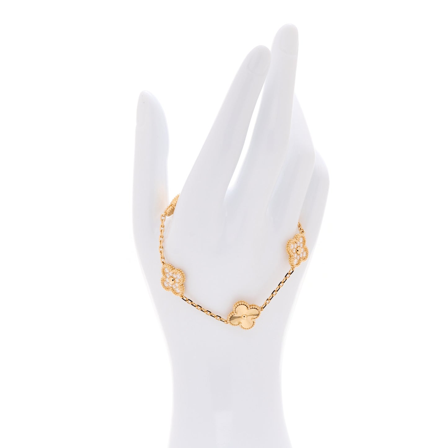 18K Yellow Gold Diamond 5 Motifs Guilloche Vintage Alhambra Bracelet