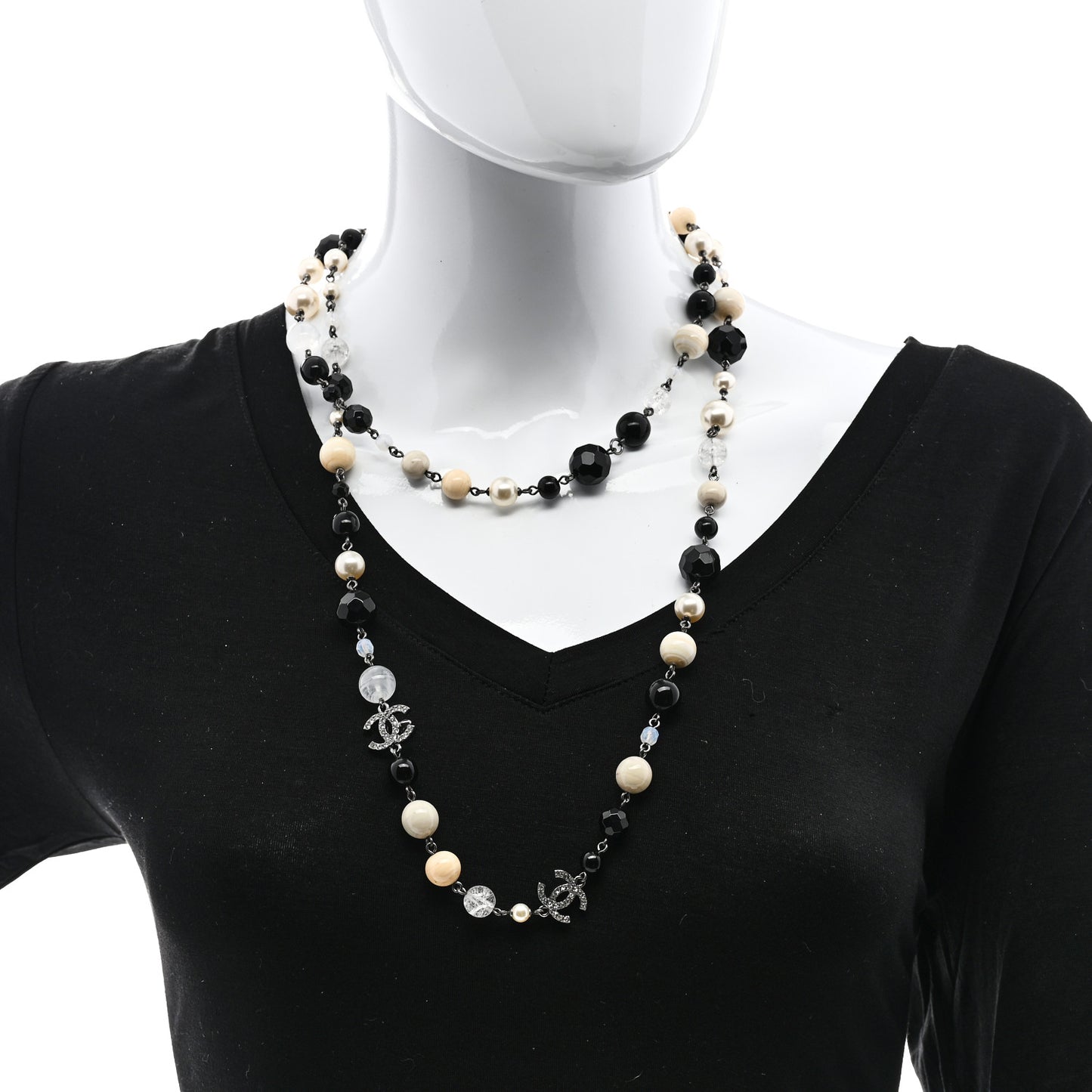 Pearl Beaded Crystal CC Long Necklace Black Silver
