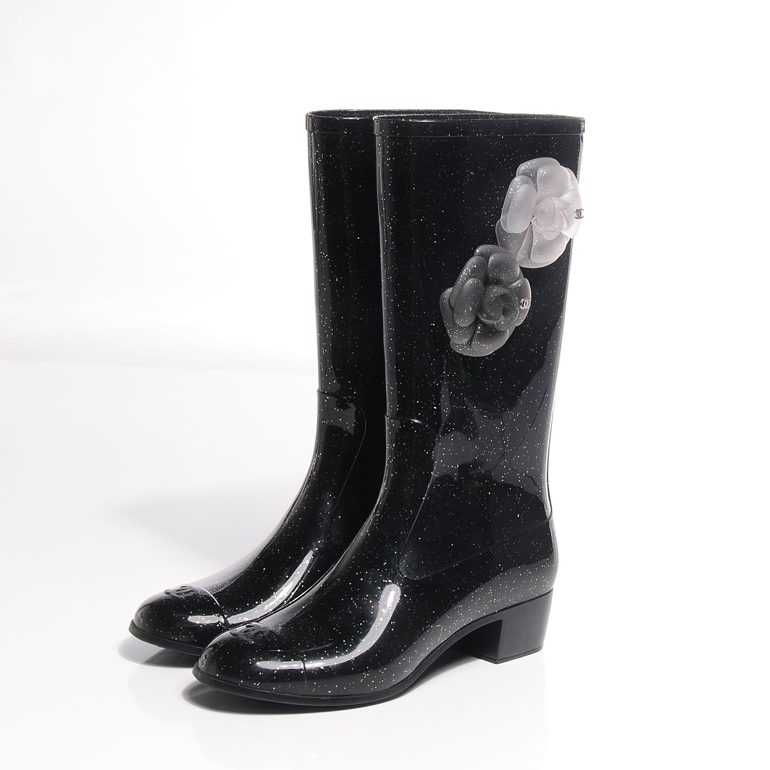 Chanel Rubber Glitter Camellia Rain Boots 37 Black 3 of 7