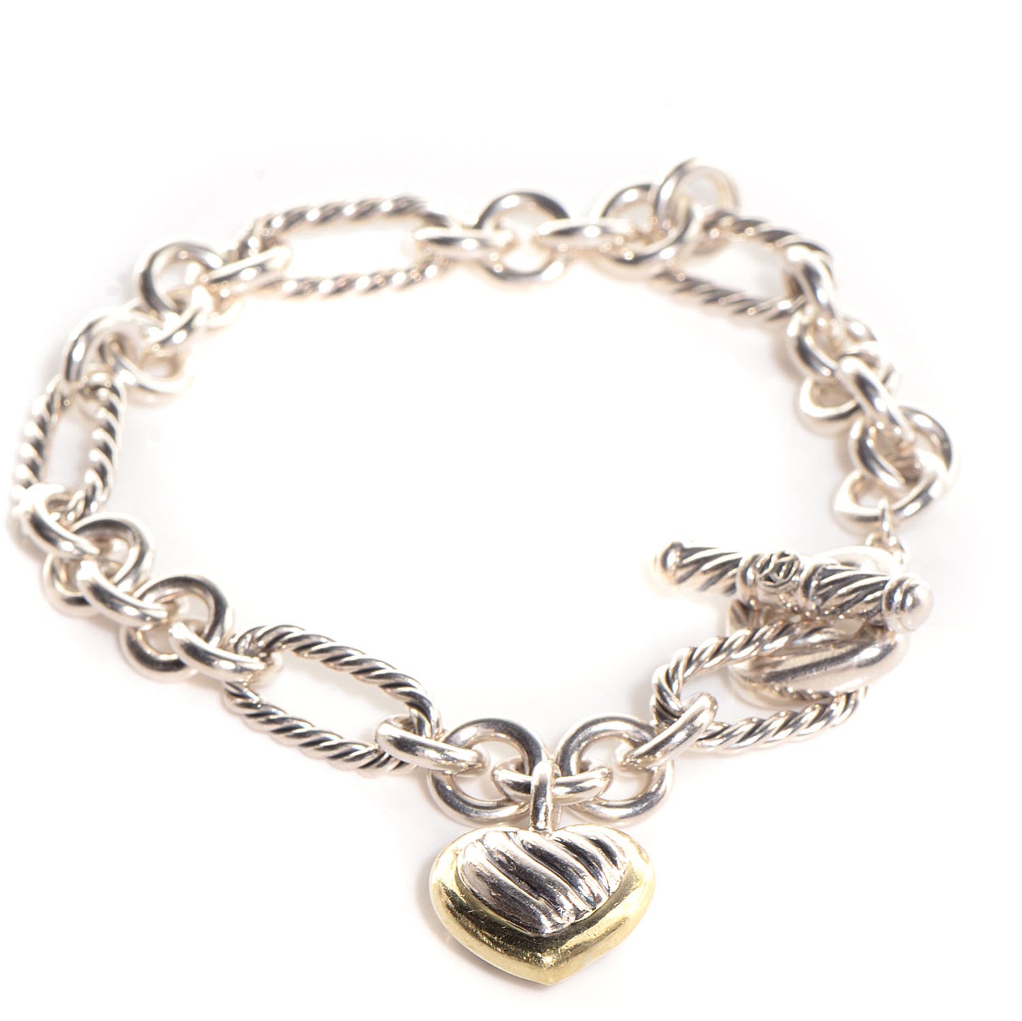 Sterling Silver 18K Yellow Gold Cable Heart Charm Bracelet
