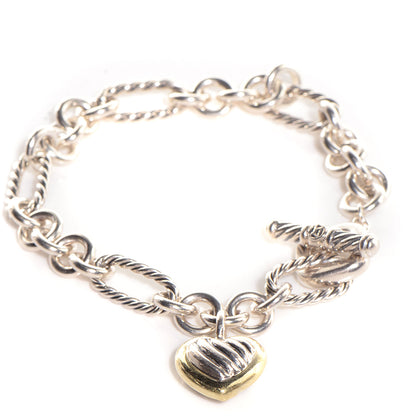 David Yurman Sterling Silver 18K Yellow Gold Cable Heart Charm Bracelet 1 of 6
