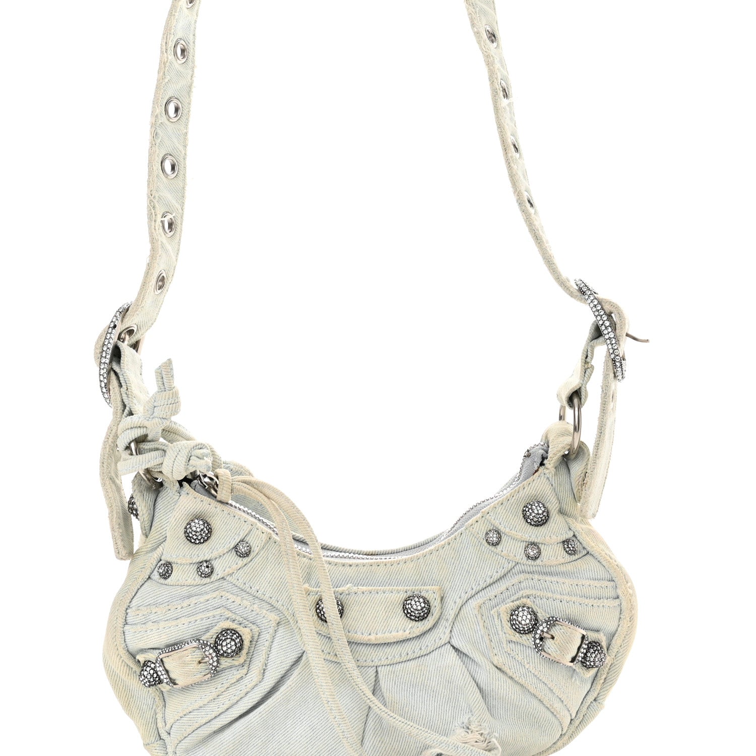 Balenciaga Washed Frayed Denim Crystal XS Le Cagole Shoulder Bag Pale Blue 9 of 16