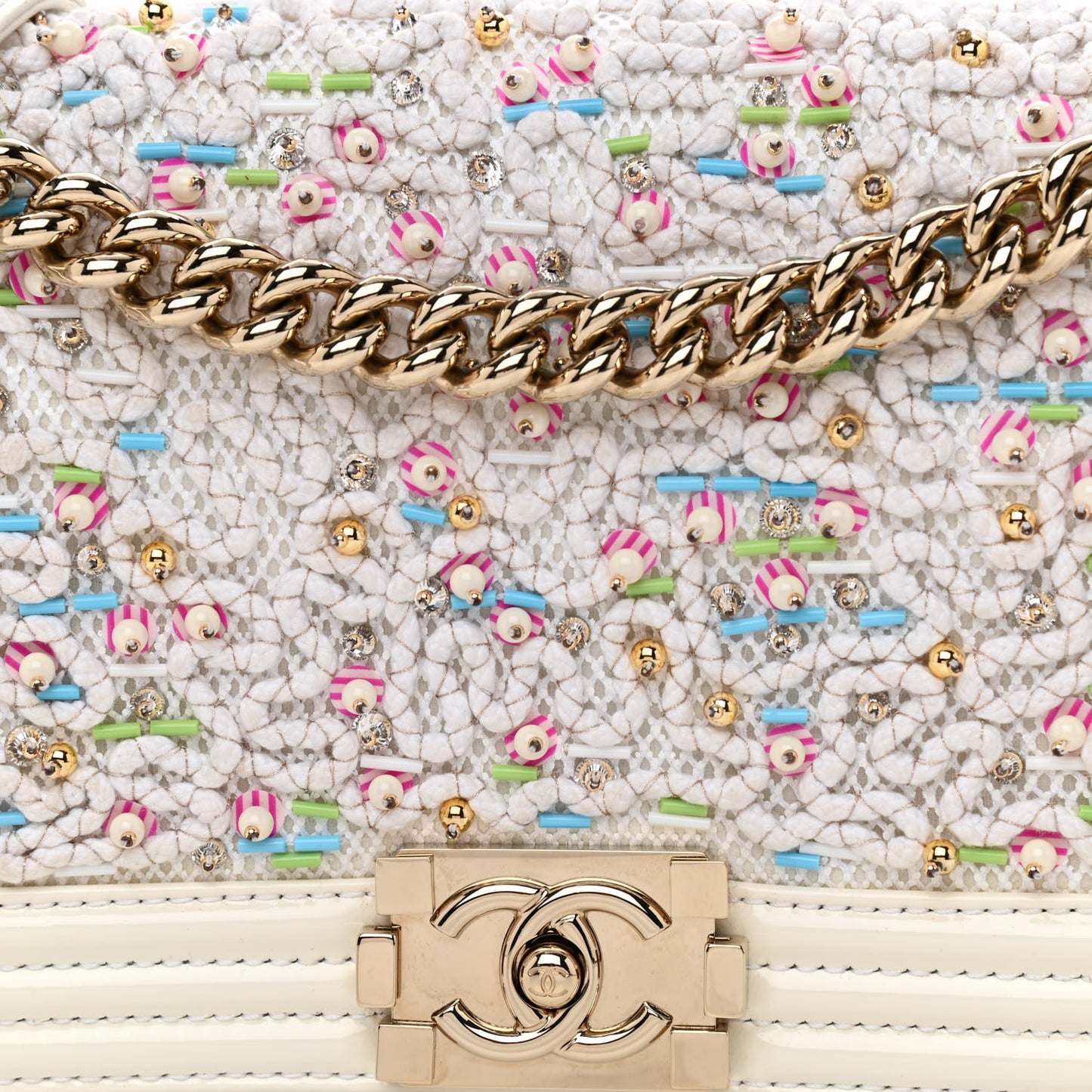 Patent Sequin Medium Boy Chanel Flap White Pink Light Blue